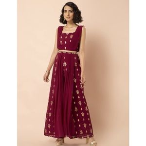 Indya Women's Oxblood Foil Double Dupatta Belted Jumpsuit